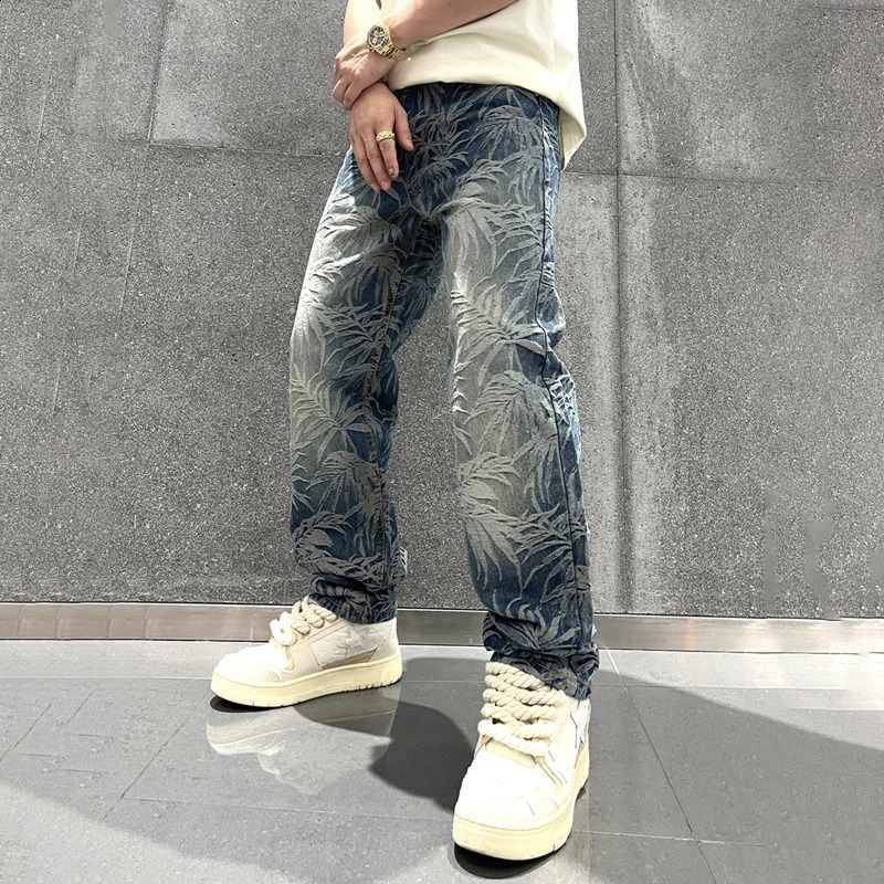Spring Mens Graphic Jeans Straight Leg Baggy Denim Outwear Loosen Fit Male Y2K Pants 240805