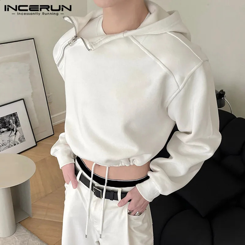 INCERUN Men Hoodies Solid Color Zipper Hooded Long Sleeve Streetwear Fashion Casual Sweatshirts Personality Crop Tops S-5XL 240805