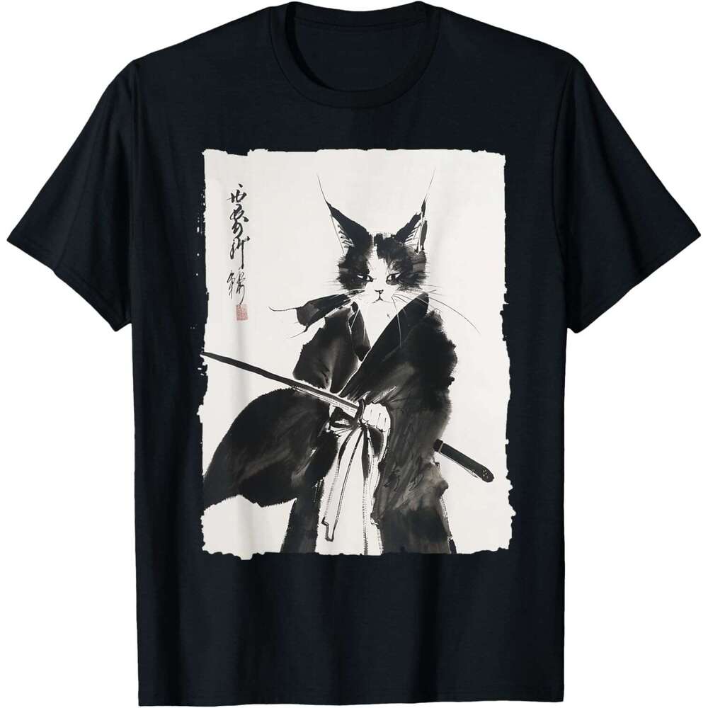 T shirt Mens Samurai Tee: Vintage Ukiyo-e Warrior Graphic Cat Art T-Shirt shirts tshirt graphic tee Casual tops summer clothes Short sleeve Free shipp