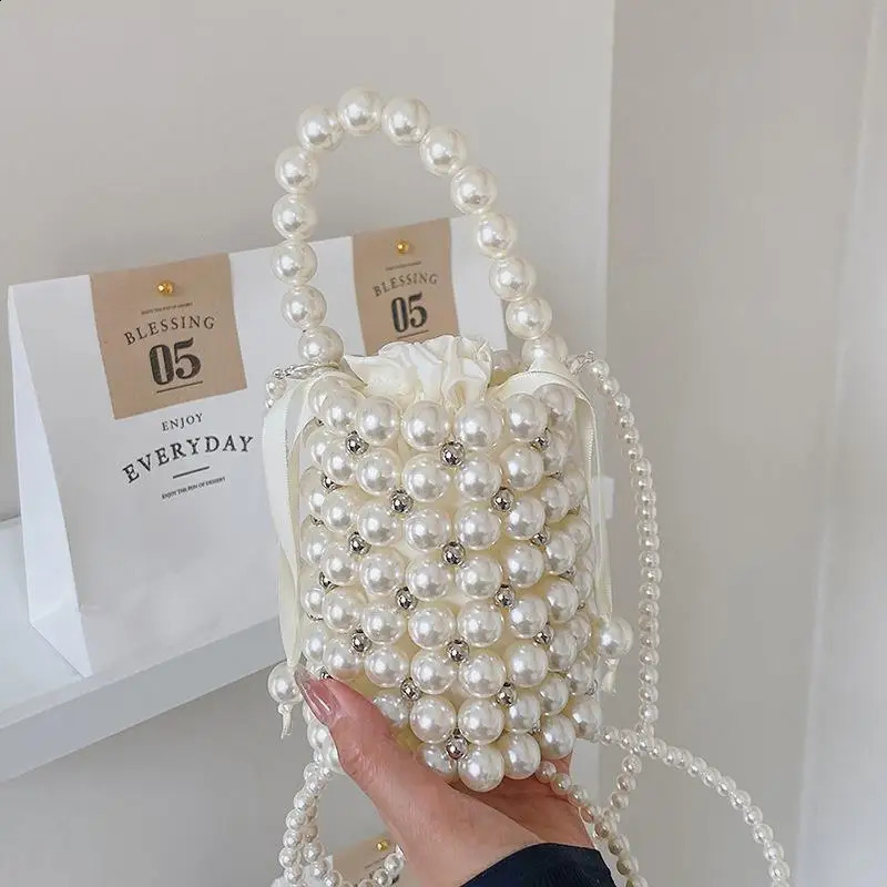 Womens small bucket handbag cross body bag womens pearl handbag womens beach rope shoulder bag 240805