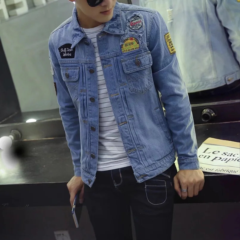 Tear open mens denim jacket ultrathin fashion badge jeans full matching streetwear spring 240824