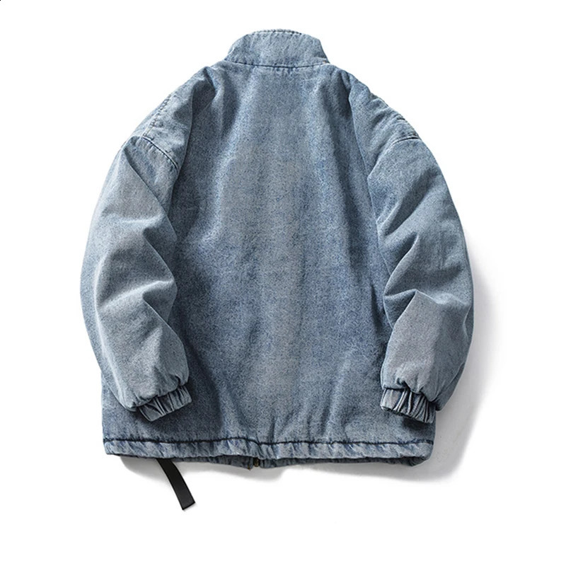 Japanese style standing collar mens letter printing retro denim jacket autumn winter large pocket zipper loose fit 240824