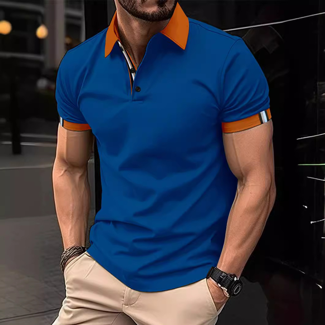 2023 Spring Button Polo Shirt Solid Color Short Sleeve Collar T-shirt Casual Fit Top Men's Wear