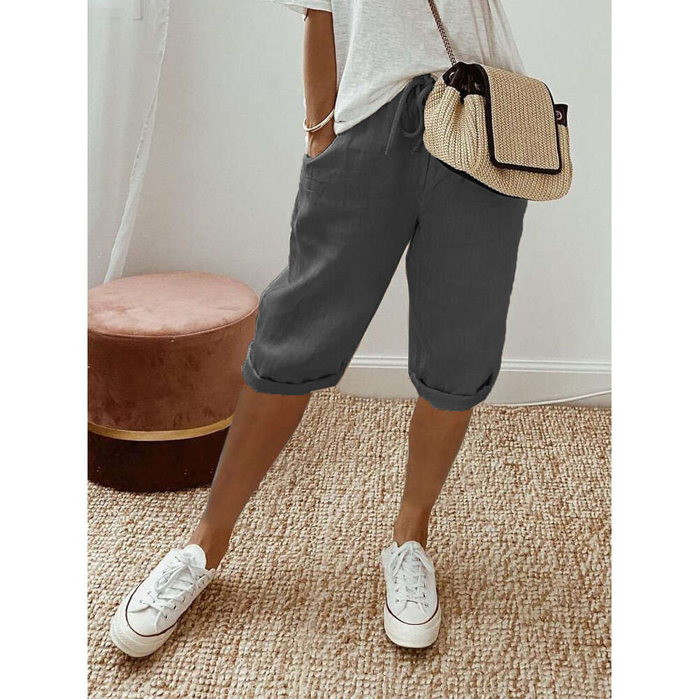 2024 Cotton and Hemp Pocket Elastic Casual Womens Pants 5/4 Nine Points Plaid Trousers Hip-hop Style Jeans for Pregnant Women Half Pants for Men