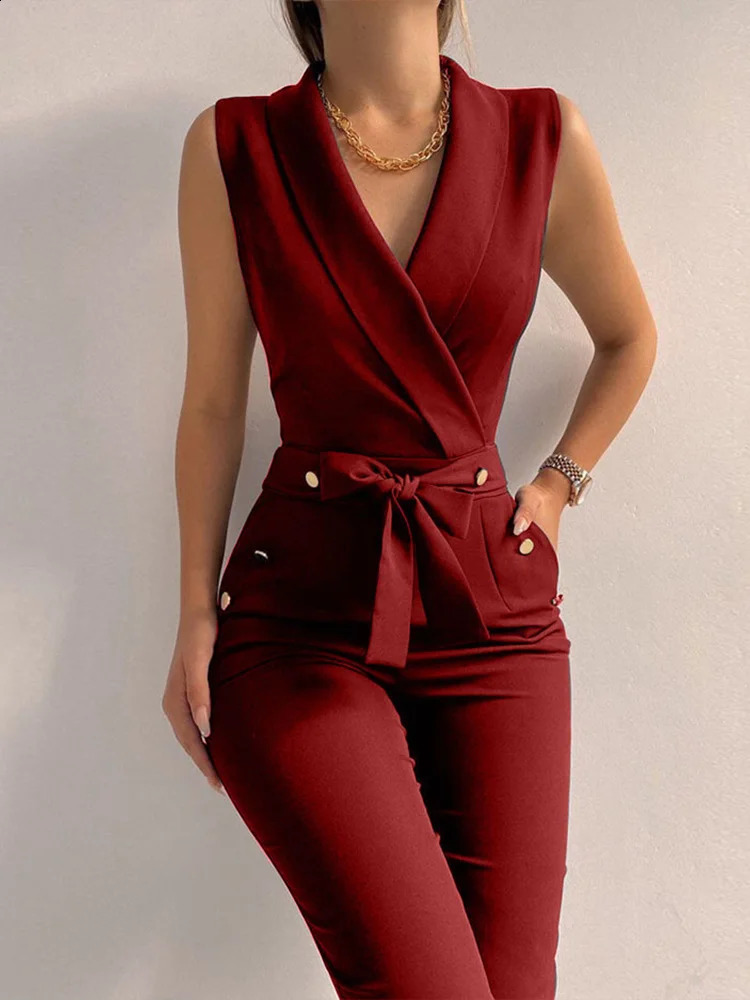 Womens casual V-neck jumpsuit button lace sleeveless wide leg pants streetwear jacket womens jumpsuit240802
