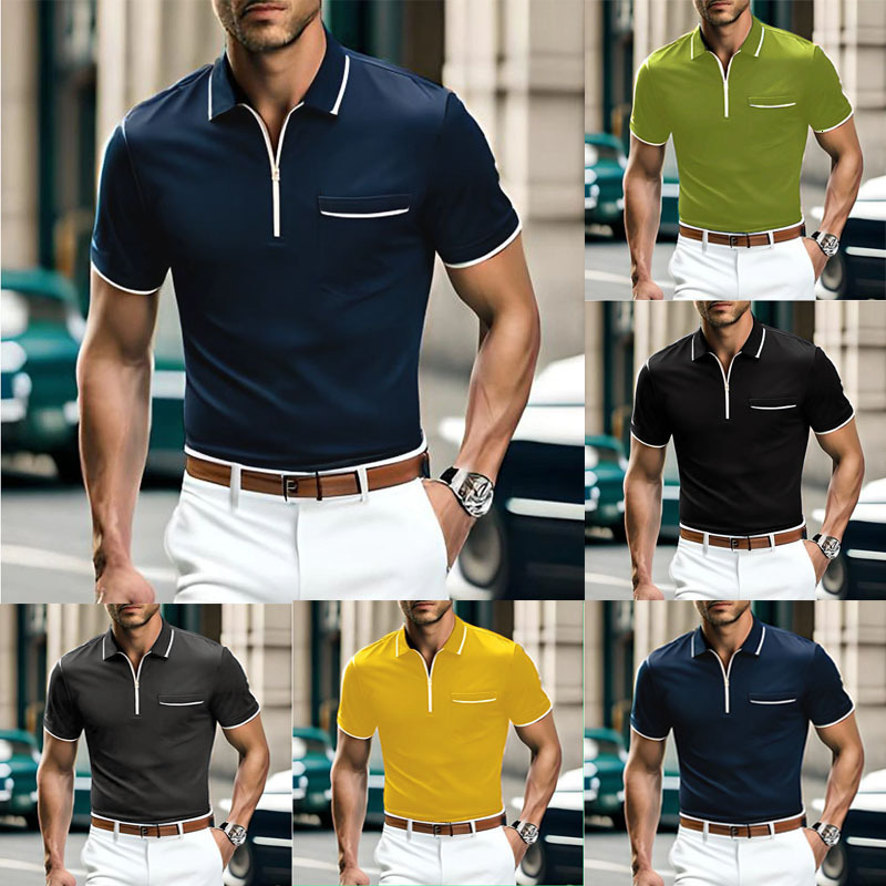 Summer new loose casual short sleeved zipper pocket men's sports polo shirt