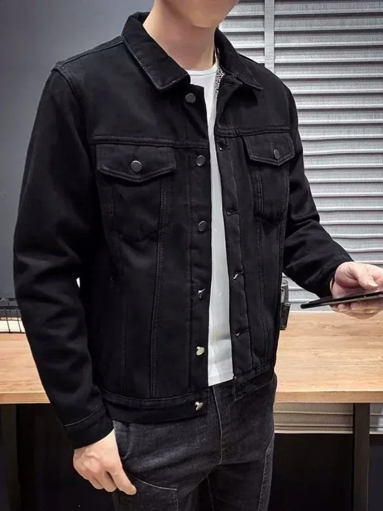 Mens Jean Coats with Sheep Mat Denim Jacket Wide Sleeve Black Wool Warm Winter Coat 240824