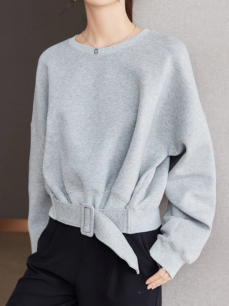 Stylish Grey Sweatshirts Autumn Winter Women Plain Long Sleeve Belt Waist Loose Casual Oversize Pullovers Korean Short Jumper 240805