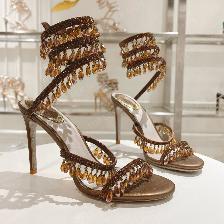 Crystal Chandelier stiletto high-heeled sandals women's luxury diamond serpentine wrapped high heels 10cm designer banquet dress shoes party evening shoes