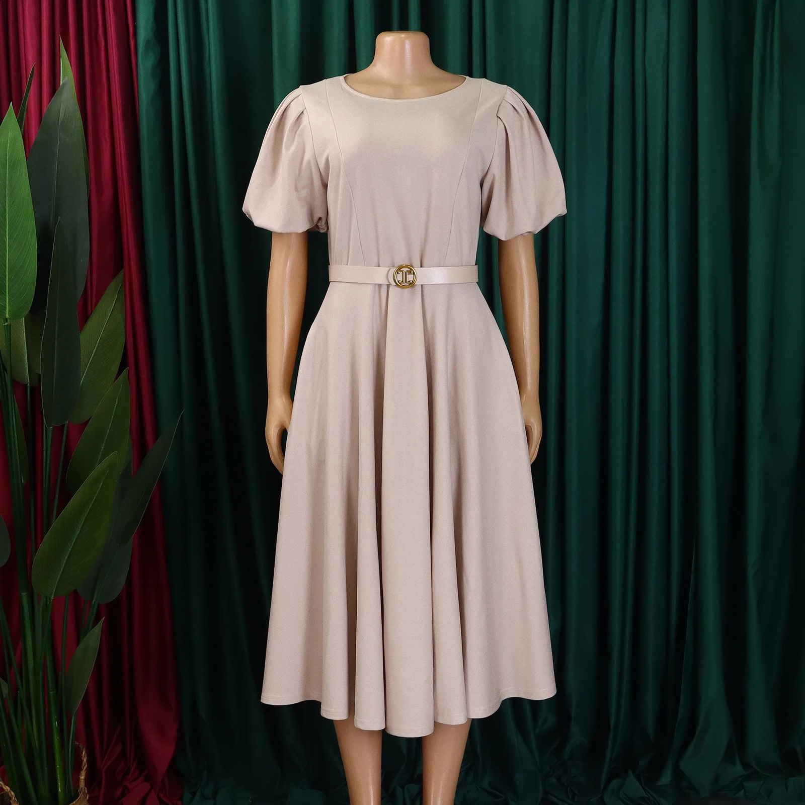 Elegant Office Dress for Women Professional O Neck Short Sleeve Belt Waisted A Line Mid Calf Formal Business Work Dress Midi 240805