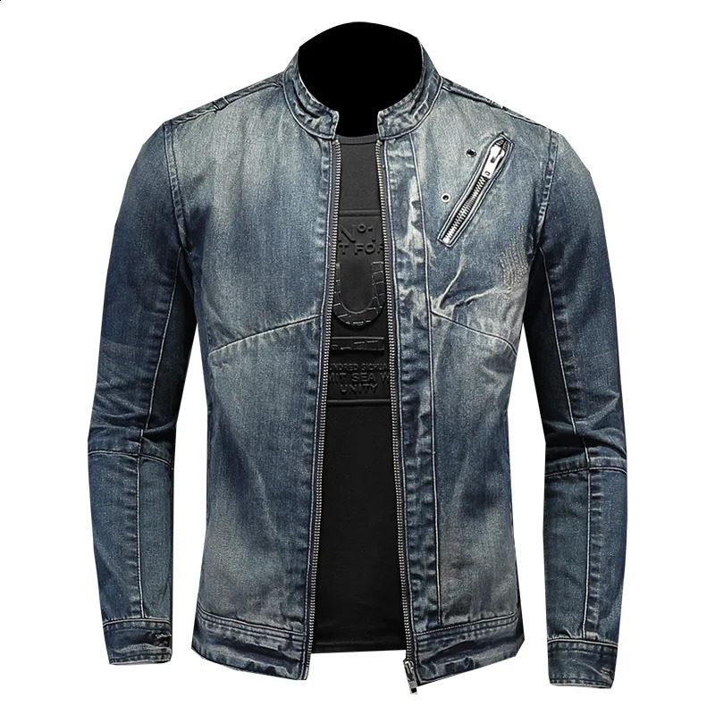 Spring mens retro denim jacket fashion ultrathin set motorcycle jeans solid color cotton 240824