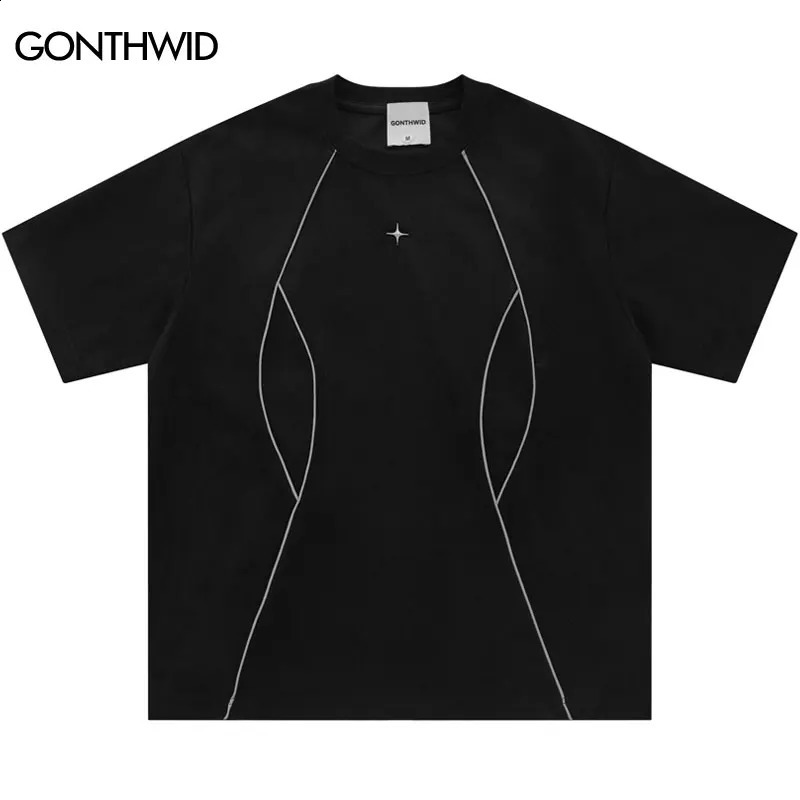 Hip Hop T-Shirt Mens Reflective Strip Suede Tee with Rivet Star 2024 Harajuku Casual Loose Short Sleeve Tshirt Streetwear 240805