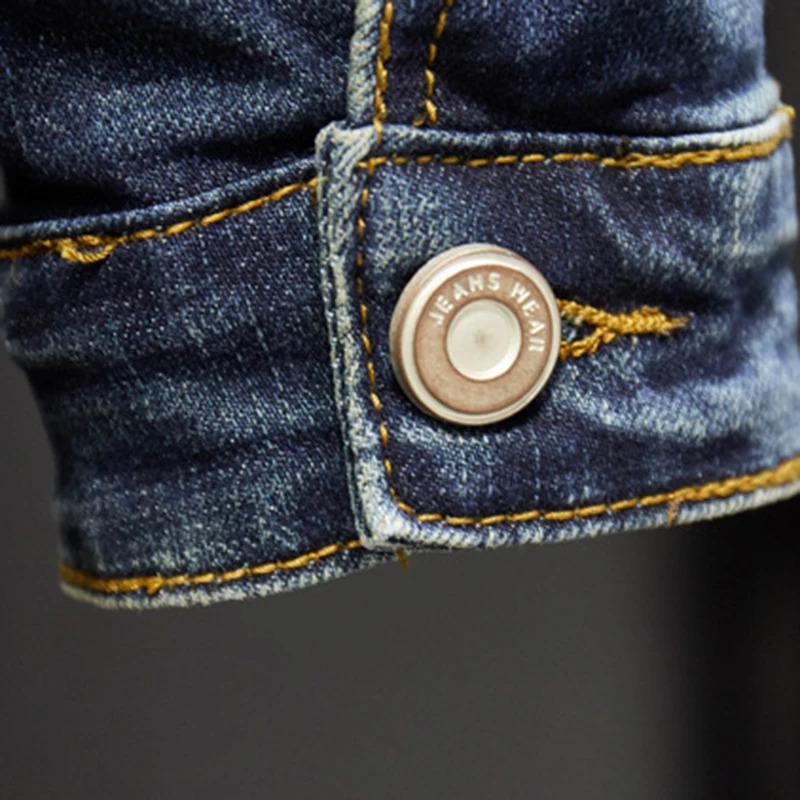 Mens badge patch blue stretch denim jacket street clothing work jeans torn 240824