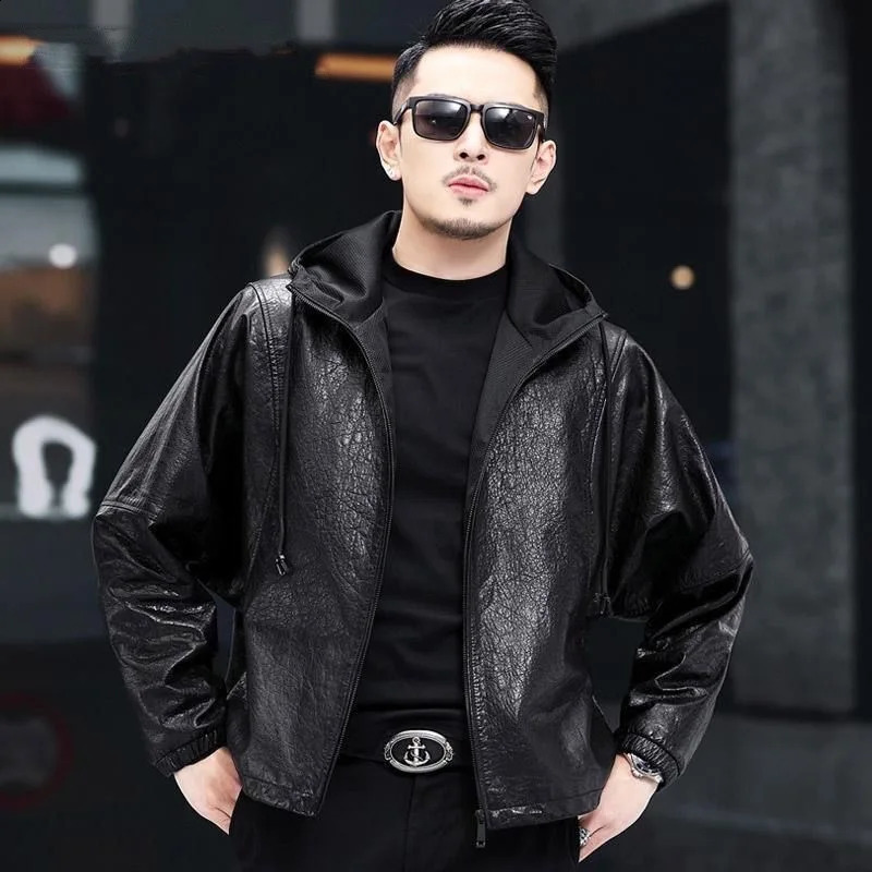 Winter sheep leather coat man hooded bat sleeve casual loose short motorcycle leather jacket 240816