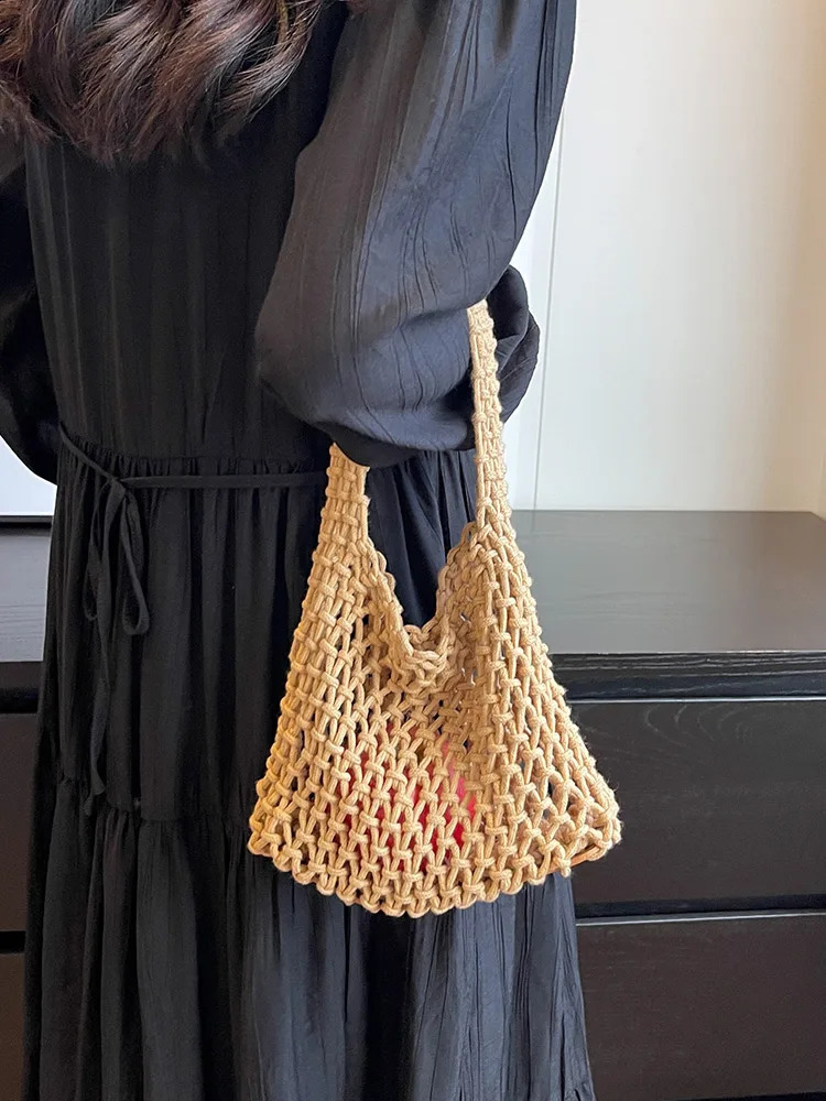 Womens crochet beach handbag womens knitted shopping bag hollow shoulder birthday gift 240913