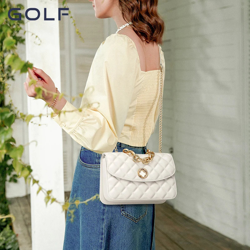 GOLF Bag AutumnWinter Womens Genuine Leather Versatile One Shoulder Diamond Grid Chain Diagonal Straddle 240802