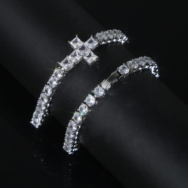 Mens Iced Out Bg Hip Hop Jewelry CZ Tennis Chain Cross Charm Bracelet Sparkg 5A Cubic Zirconia