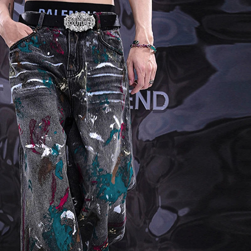 FEWQ Artificially Painted Graffiti Mens Jeans Summer American Hiphop Wide Legged Pants Contrast Color Trousers 24E1255 240805