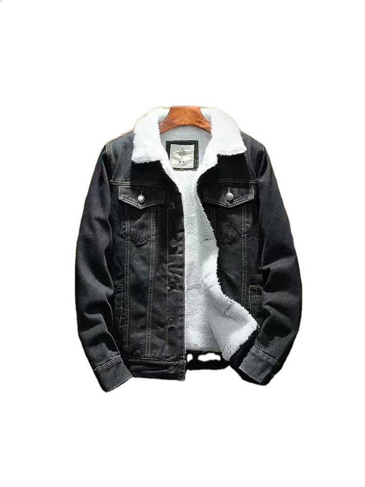 Plush lined denim jacket for men warm wool fashion pocket button mens 240824