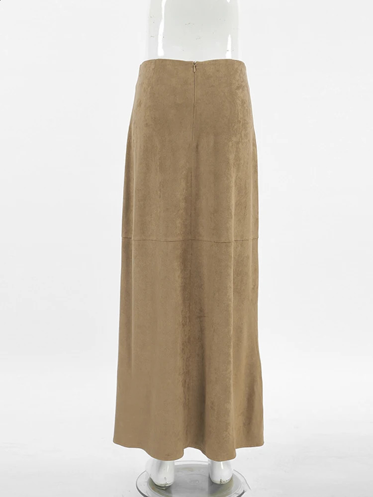 Aynaray Autumn Winter Women Maxi Suede Skirts Solid Khaki High Waist Flare Trumpet Long Skirt For Women 240805