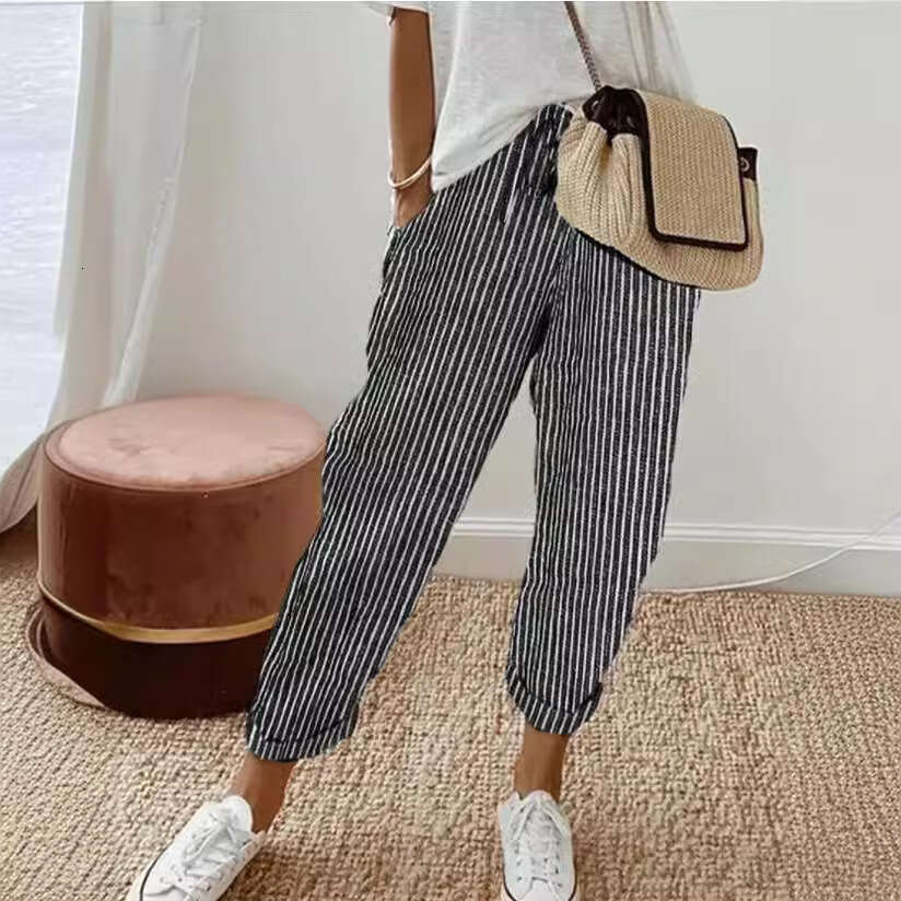 2024 Summer New Striped Casual Pants Loose Elastic Waist for Women Cotton Trousers Harlan Sweatpants Overalls Nine Points and Sweat Pants Unisex