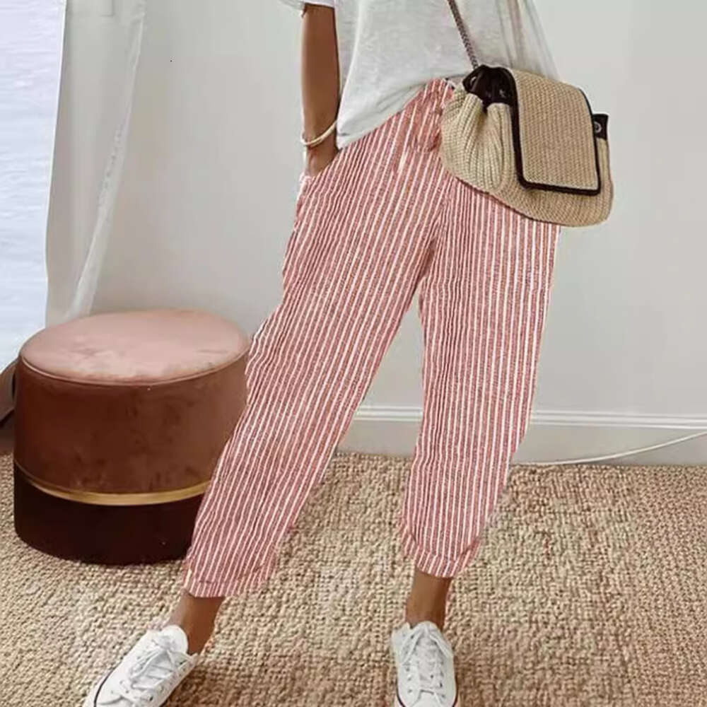 2024 Summer New Striped Casual Pants Loose Elastic Waist for Women Cotton Trousers Harlan Sweatpants Overalls Nine Points and Sweat Pants Unisex