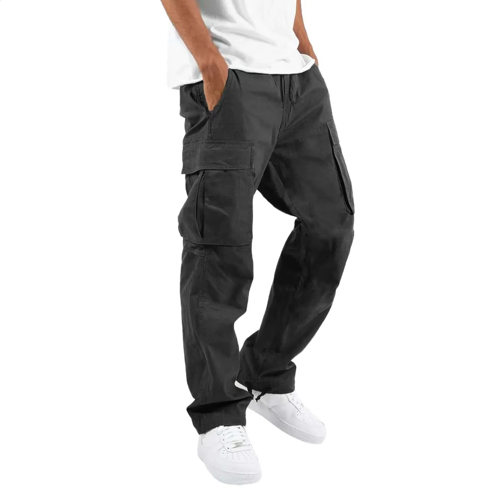 Mens Cargo Pants Trouser Full Length Solid Color Loose Multi Pocket Drawstring Pocket Mens Cargo Pants 3XL240805
