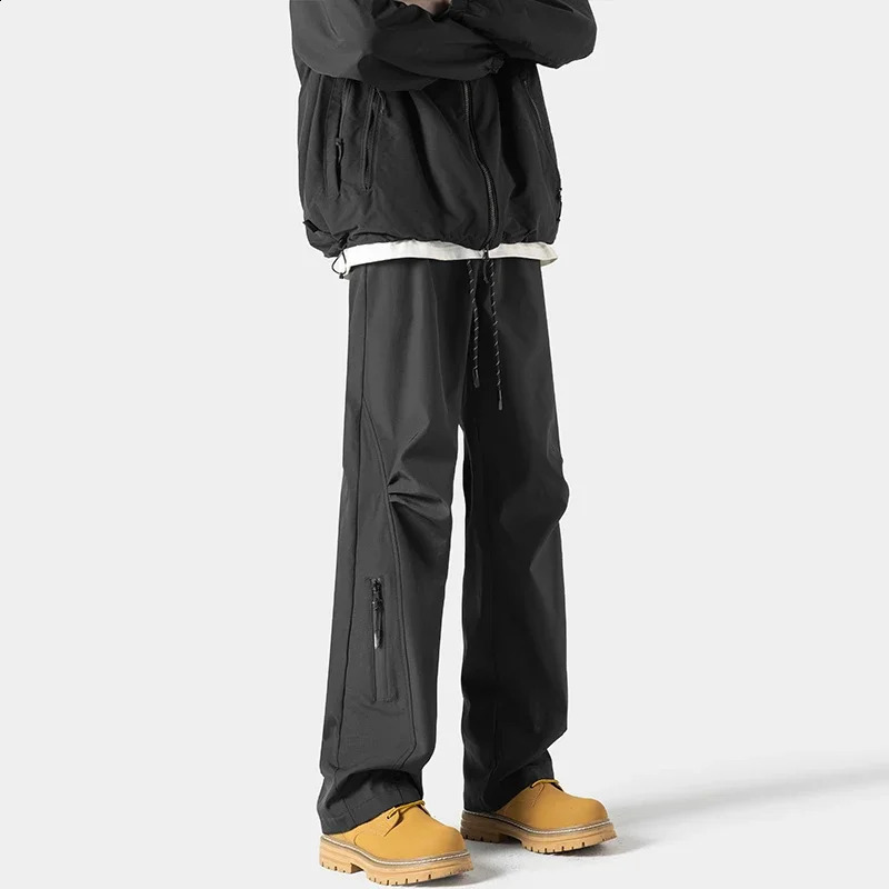 Retro Functional Wind Waterproof Casual Pants Solid Color Straight Punch Pants Male Hip Hop Sports Pants Quick Dry Lightweight 240805