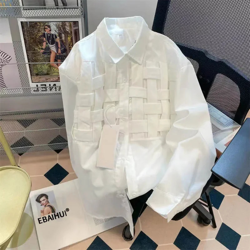 EBAIHUI Women Solid Hollow Out Shirts Lapel Long Sleeve Loose Waist Fashion Patchwork Blouse Female Chic Casual Poly Shirt 240805