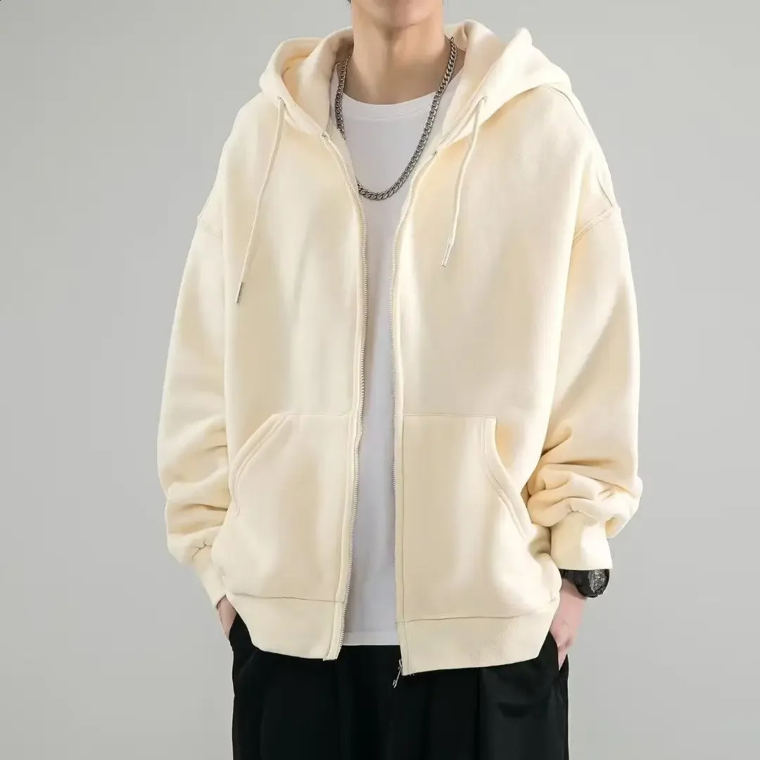 Male Clothes Black Solid Sweatshirt For Men Full Zip Up Hooded Hoodies Winter Young On Sale Offers High Quality Korean Style S 240816