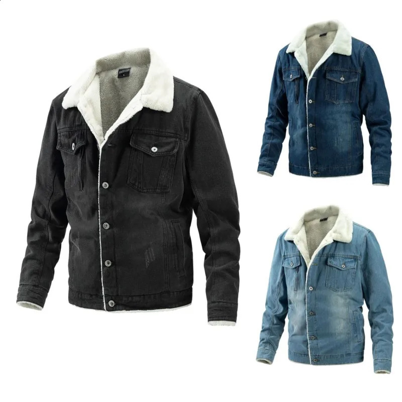 American casual retro mens denim jacket winter wool thick warm windproof fashion lapel 240824