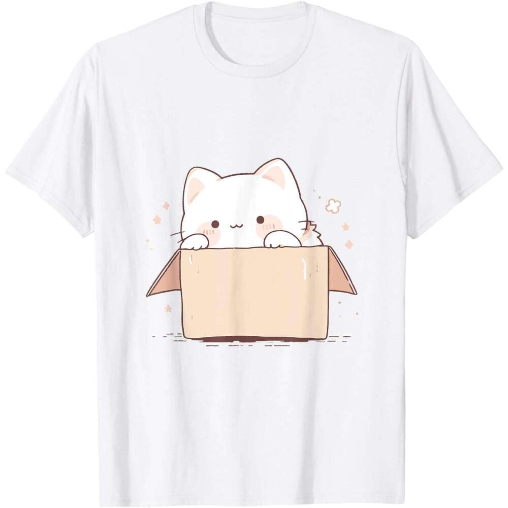 T shirt Mens Cute White Cat in a Box Japanese Kawaii Cartoon Graphic T-Shirt shirts tshirt graphic tee Casual tops summer clothes Short sleeve Free sh