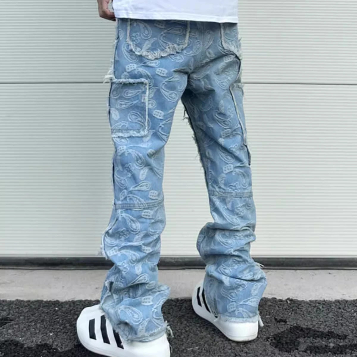 Y2k Frayed Urban Cashew Flower Full Print Patchwork Baggy Flare Jeans for Men Straight Pantalones Hombre Oversize Denim Trousers 240821