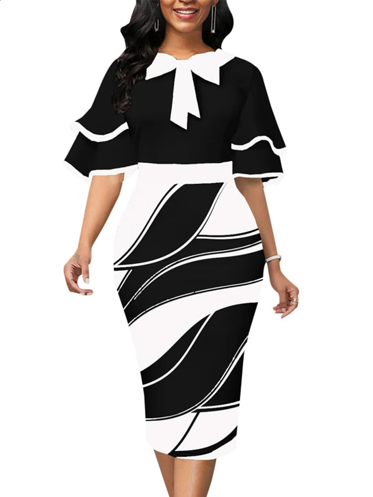 Dresses for Women Floral Bow Decoration and Lotus Leaf Sleeves Work Dress Office Lady Vestidos De Mujer Elegant Midi Robe Female 240805