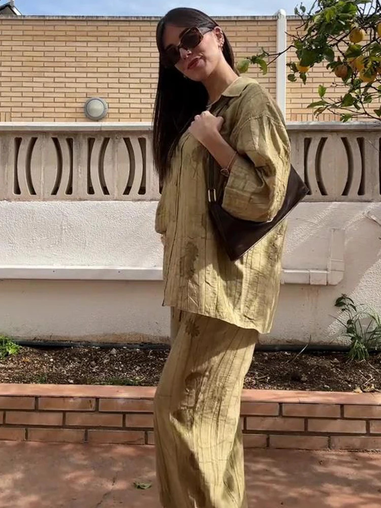 Linen Tie-dye Print Long Pants Sets For Women Lapel Half Sleeve Single Breasted Shirts Drawstring Wide Leg Pant 2 Pieces Set 240729