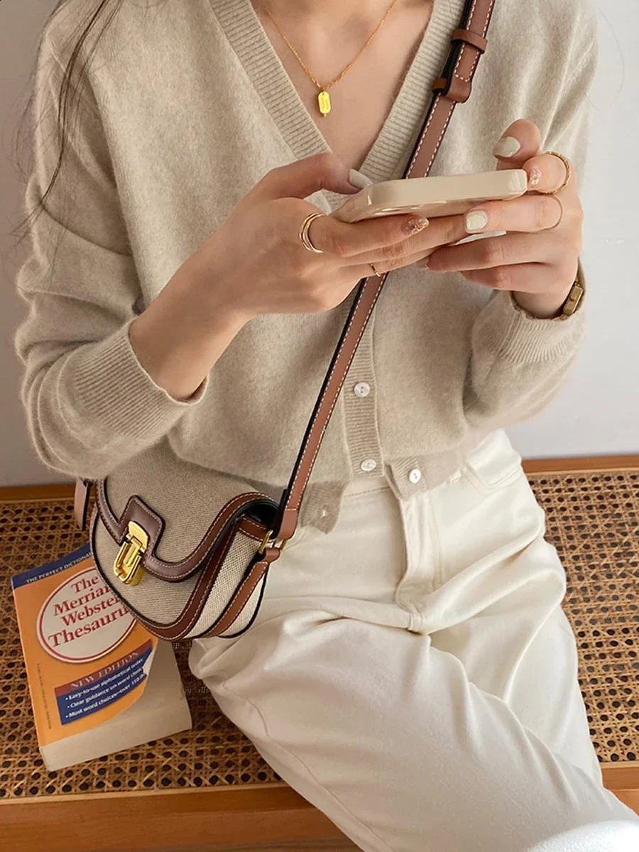 Flap Crossbody Bags For Women leather Splice Canvas Shoulder Bag Womens Handbags Contrast Purses 240802