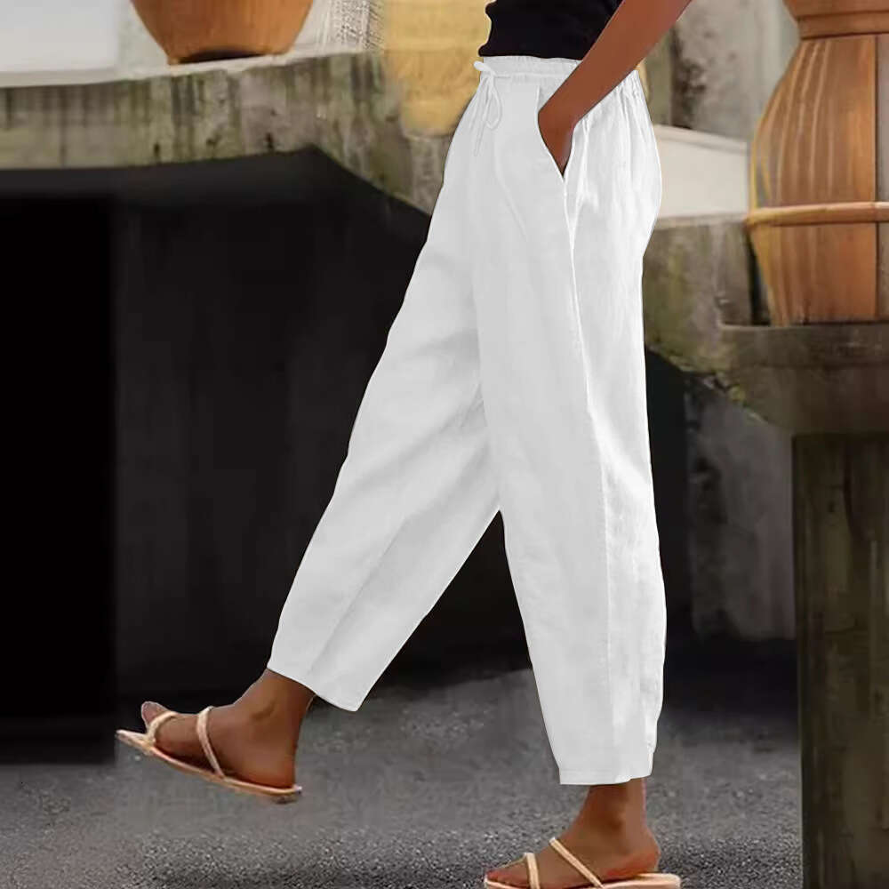 Spring Autumn New Cotton and Hemp Solid Color Fashion Daily Side Bag Elastic Casual Womens Pants College Style and Sweat Pants Unisex Waterproof Trous