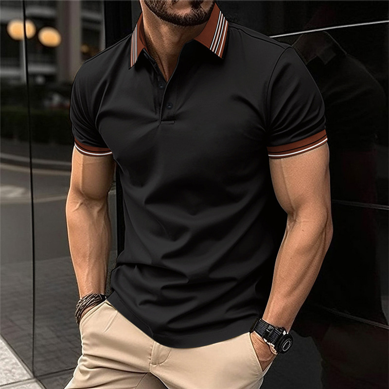 New men's solid color short sleeved polo shirt with a lapel collar