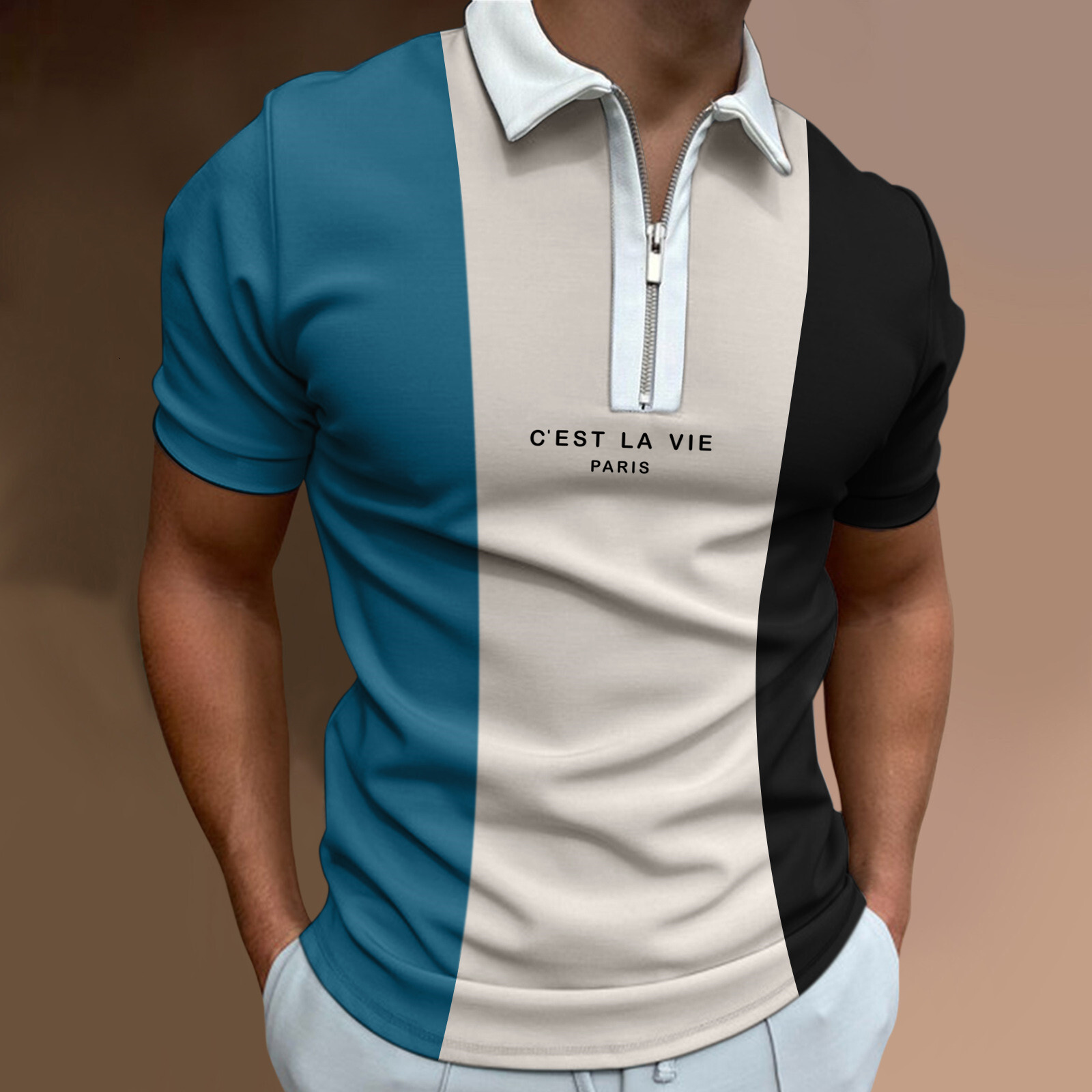Summer men's zippered lapel 3D printed polo with multi-color casual color blocking short sleeved Polo shirt
