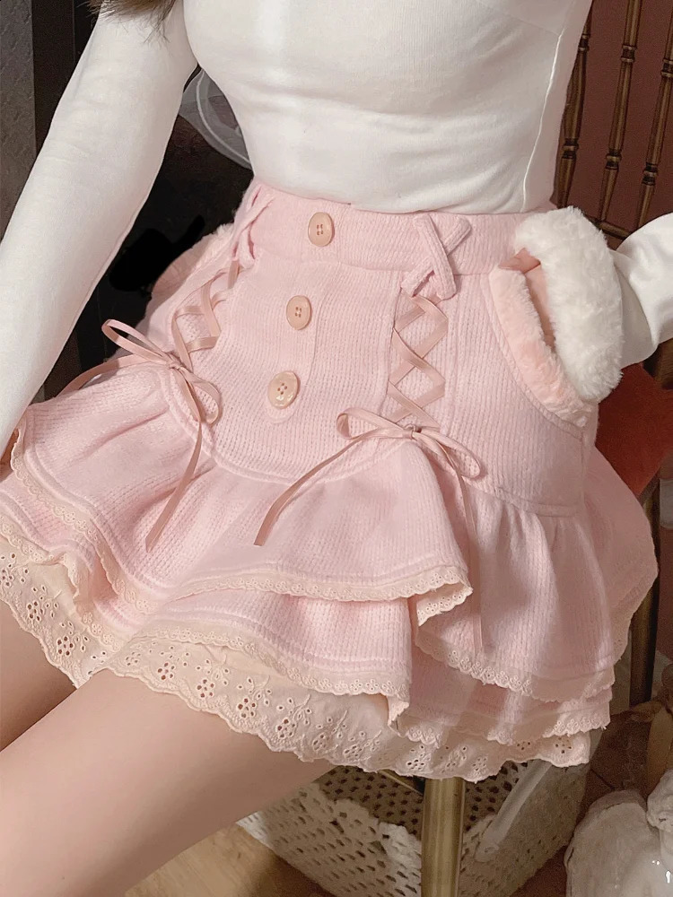 Japanese Kawaii Lolita Mini Skirt Women Winter Lace Casual Elegant Sweet Female Skirt High Waist Bandage Korean Skirt 2024 240805