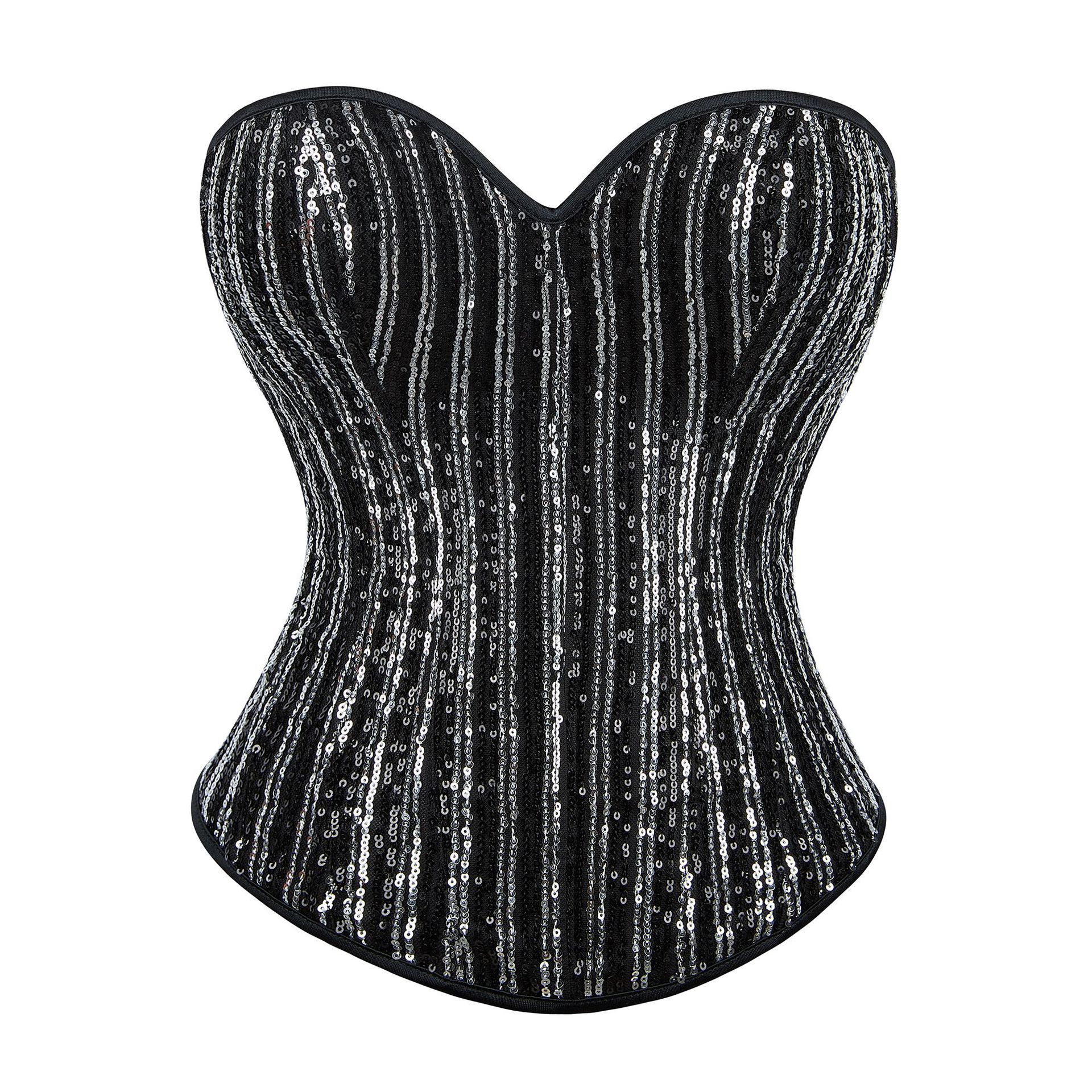 Women Striped Sequins Zip-up Overbust Corset Fashion Sequined Steampunk Plus Size Shapewear Fashion Showgirl Clubwear Shaper Pink Black