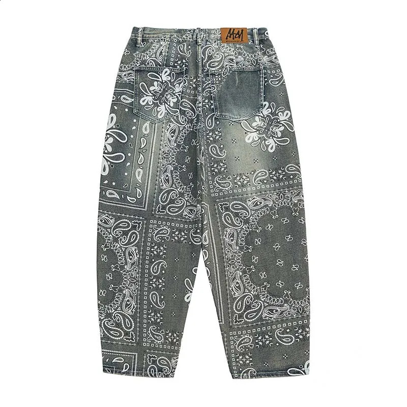 Paisley Printed Baggy Jeans Pants Men Hip Hop Vintage Streetwear Denim Trousers Blue 240805