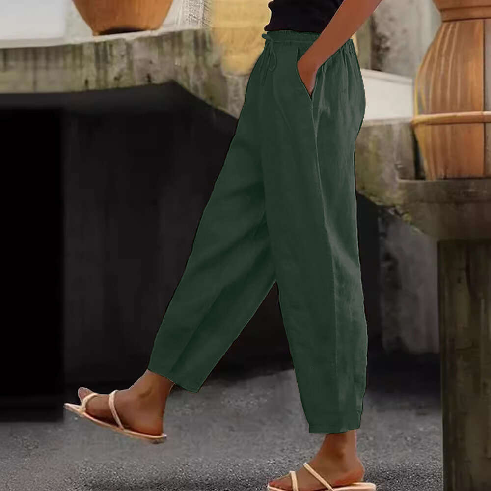 Spring Autumn New Cotton and Hemp Solid Color Fashion Daily Side Bag Elastic Casual Womens Pants College Style and Sweat Pants Unisex Waterproof Trous