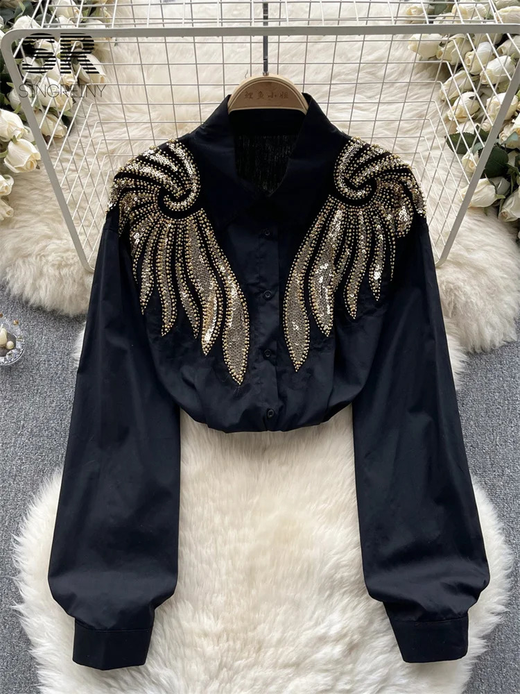 SINGREINY Sequines Wing Chiffon Shirt Women Elegant Lapel Long Sleeve Beading Fashion 2024 Spring Lady Slim Casual Blouse 240805