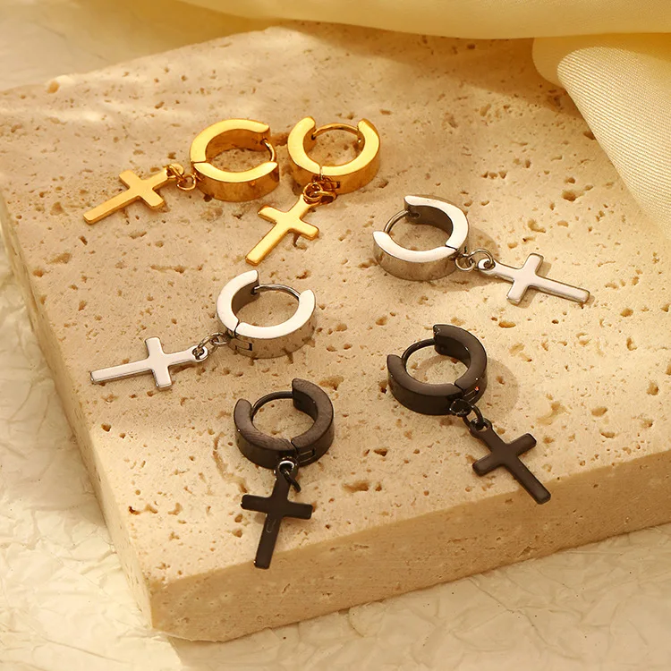 Designer Wholesale 10pair/set Punk Stainless Steel Cross Pendant Hoop Earrings For Men Women Not Fade Ear Rings Hip Hop Male Jewelry