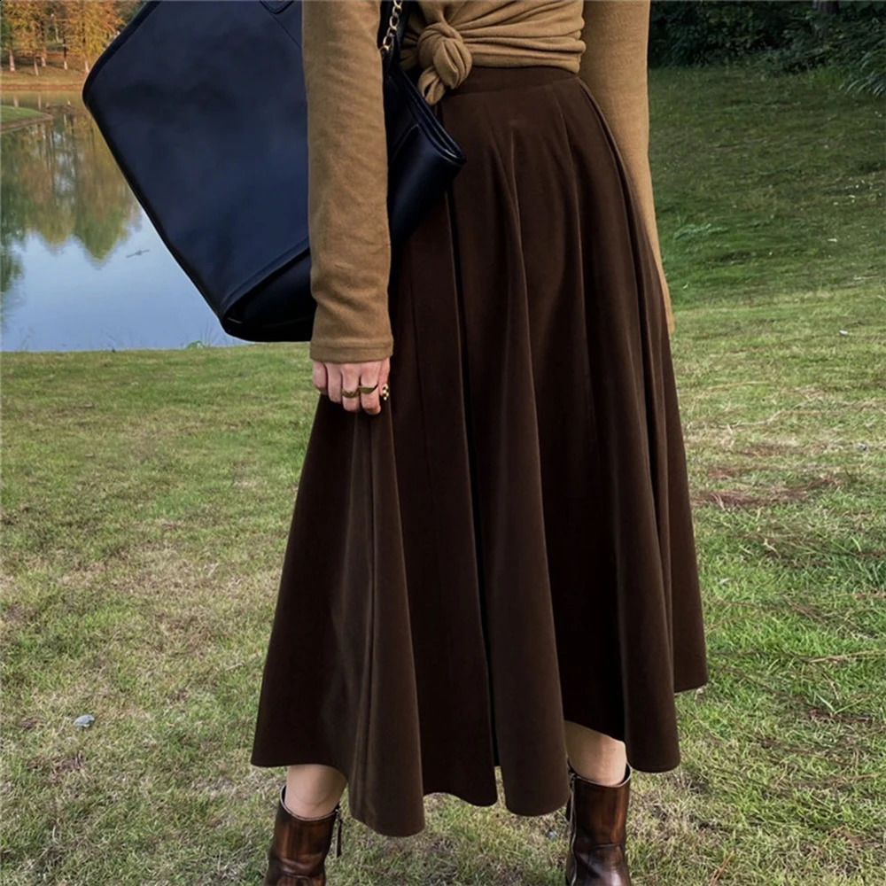 Arrival Women Autumn Winter Skirt Black Blue Coffee A Line Retro Vintage Long Midi Velvet Skirt SS0032 240802