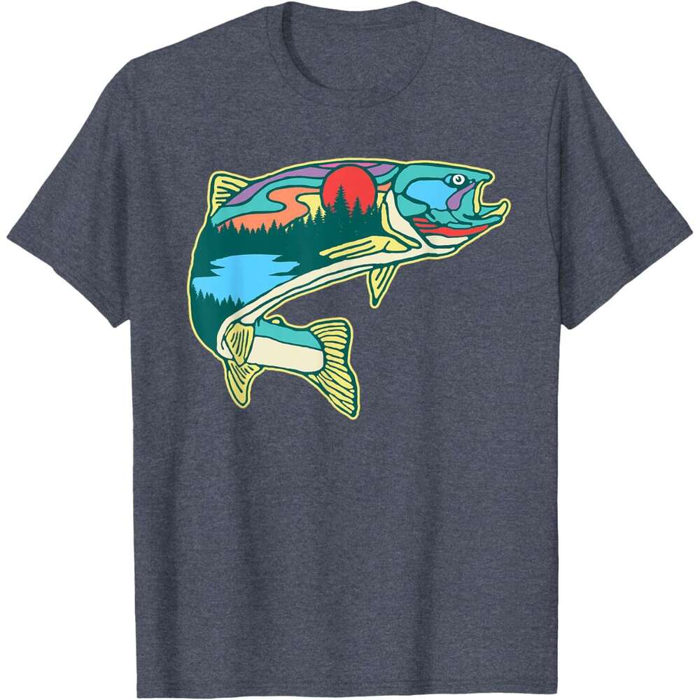 T shirt Mens Nature Trout Illustration Vintage Fly Fishing Retro Graphic T-Shirt shirts tshirt graphic tee Casual tops summer clothes Short sleeve Fre