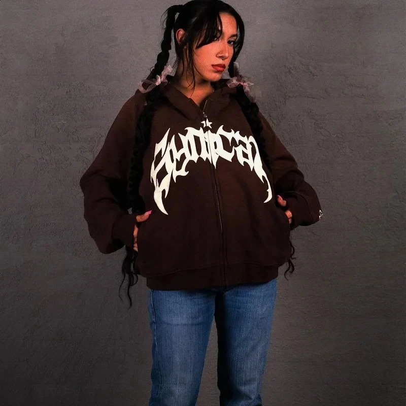 Harajuku High Street Vintage Letter Print Y2k Zip Hoodies Men Loose Sweatshirt Unisex Casual Joker Pullovers Hoodie Tops 240805