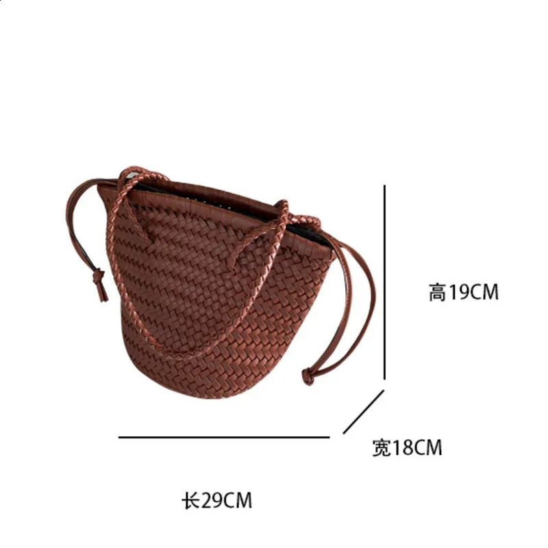 Summer One Shoulder Brown Woven Bag Women Seaside Sle Retro Premium Genuine Leather Vegetable Basket 240802