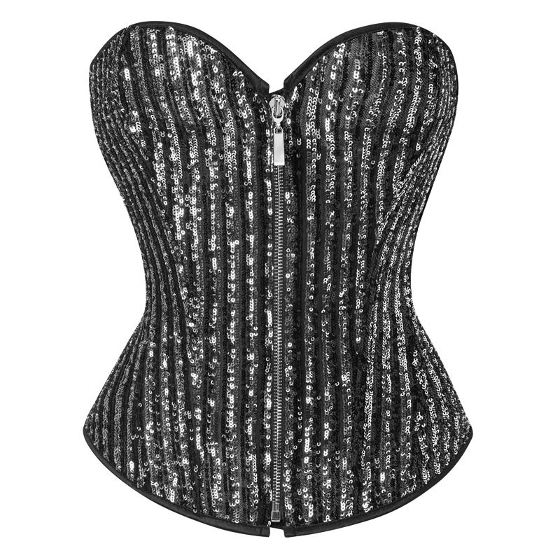 Women Striped Sequins Zip-up Overbust Corset Fashion Sequined Steampunk Plus Size Shapewear Fashion Showgirl Clubwear Shaper Pink Black